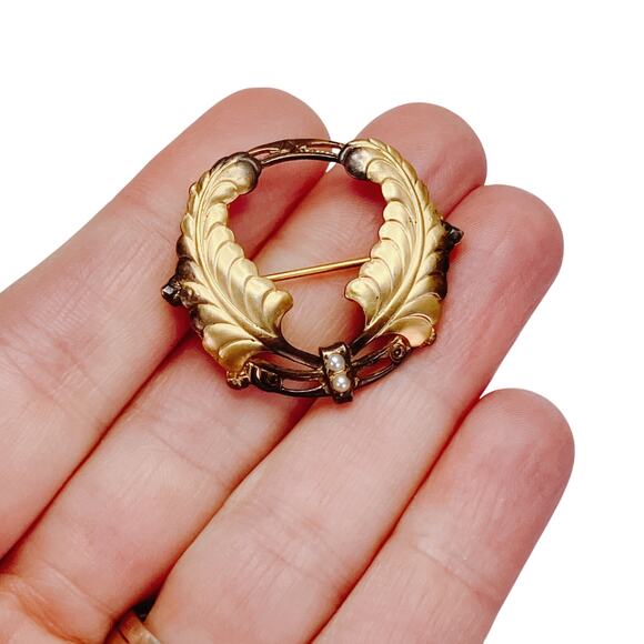 Antique 1910s 1920s Art Deco Rolled Gold Seed Pearl Laurel Wreath Brooch Pin VTG - Picture 2 of 11